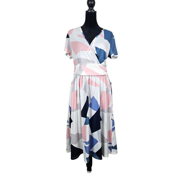 Womens Abstract Print V-Neck Short Sleeve Wrap Midi Dress Size M Casual Everyday - Picture 2 of 15